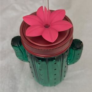 Cactus Shaped Green Tumbler with Pink Flower Lid
